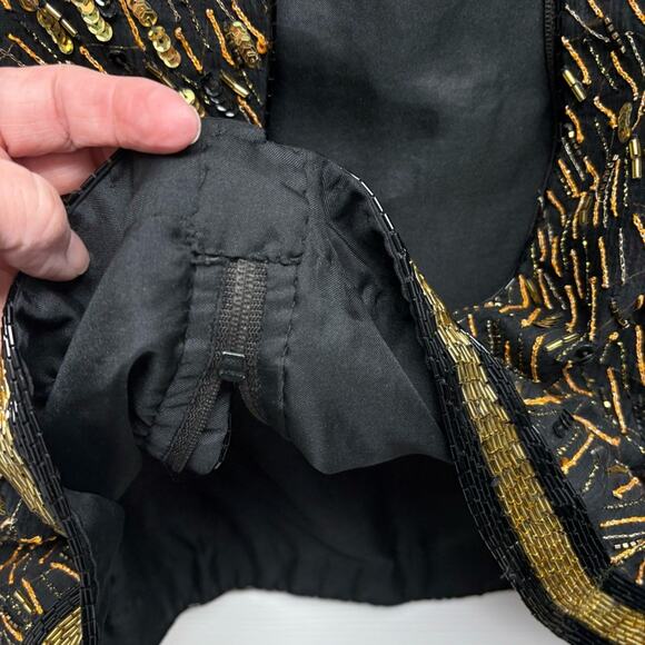 Vintage 90s Niteline Sequin Blouse, Black and gold, beads, zip up back, Size M - Picture 9 of 13